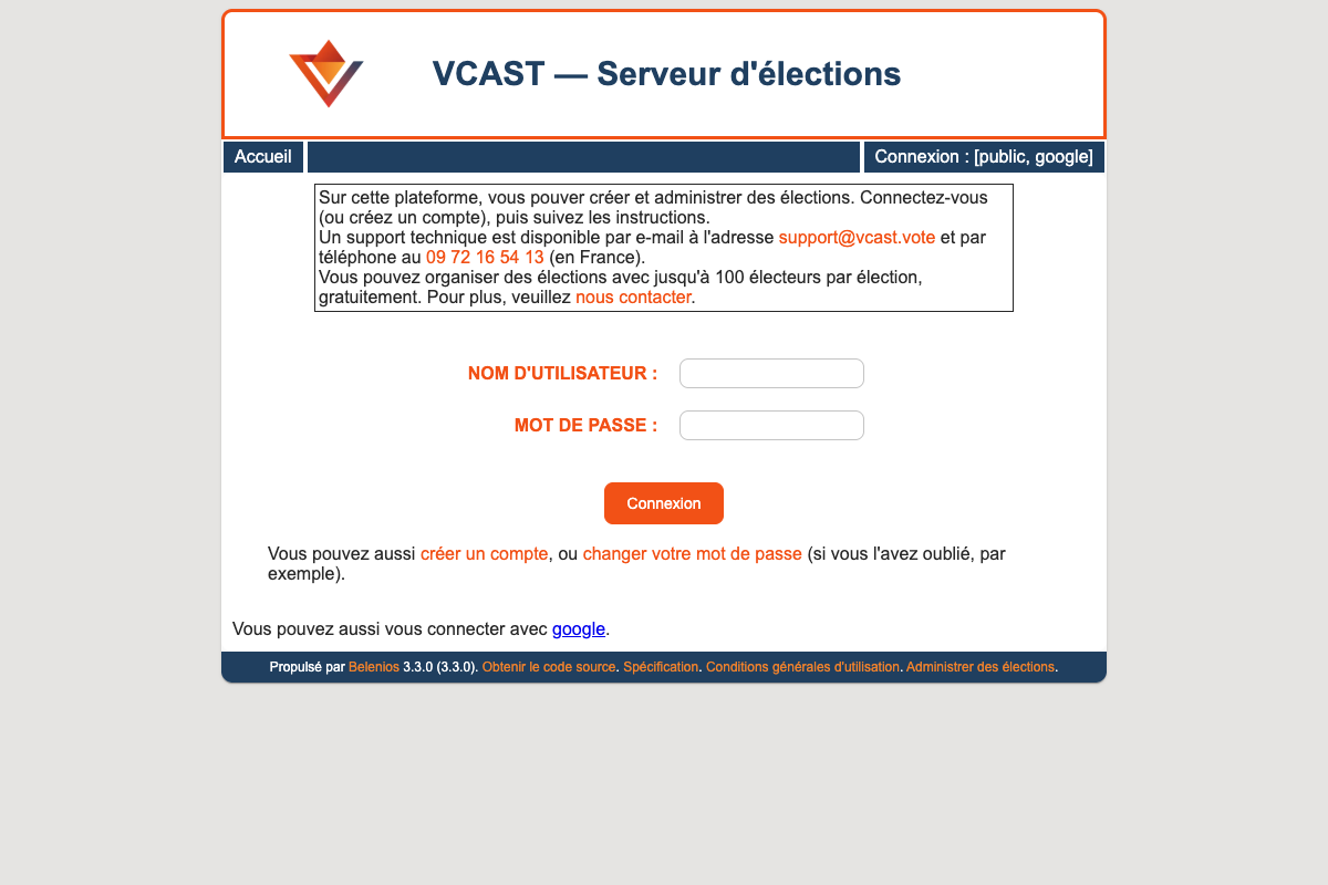 Écran d’accueil du serveur d’élections VCAST : formulaire de connexion par nom d’utilisateur et mot de passe
